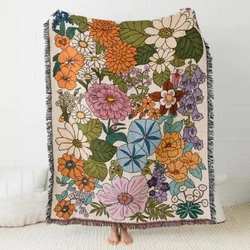 Boho Floral Beach Pique-Nique Outdoor Camping Blanket, Nordic Plaid Blankets for Beds, Sofa Mats, Travel Lea for Summer Tapestry Tassels