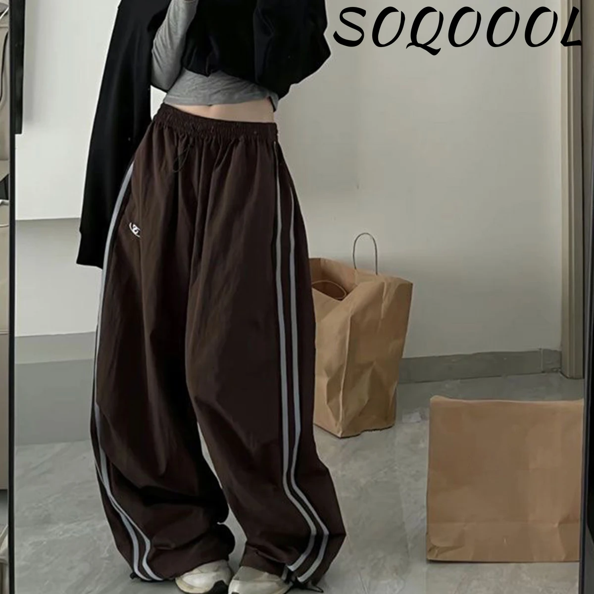 Y2K Women Cargo Pants Vintage Streetwear Baggy Wide Leg Sweatpants Casual Drawstring Oversize Pockets Tech Fashion Trousers