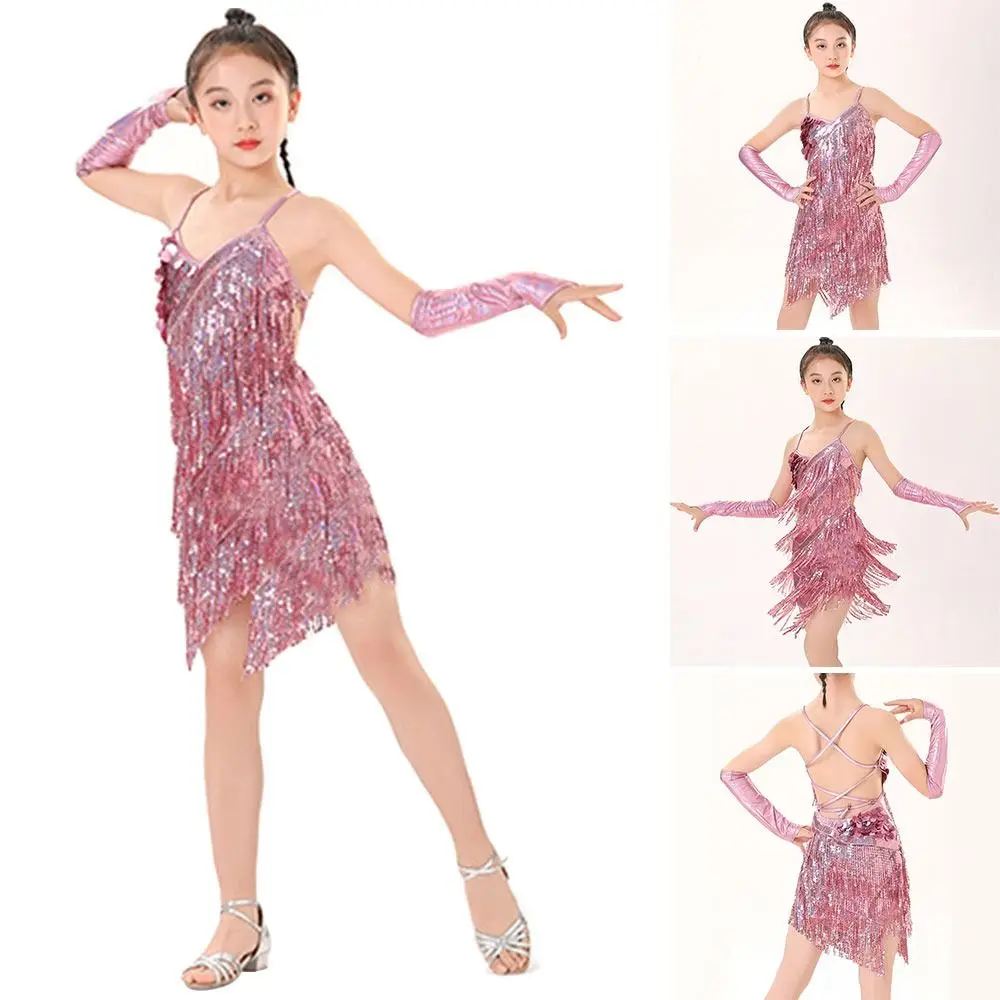 

Sparkly Sequins Latin Dance Dress With Gloves Tassel Ballroom Dance Dress Rumba Professional Jazz Dance Dress Children Girls