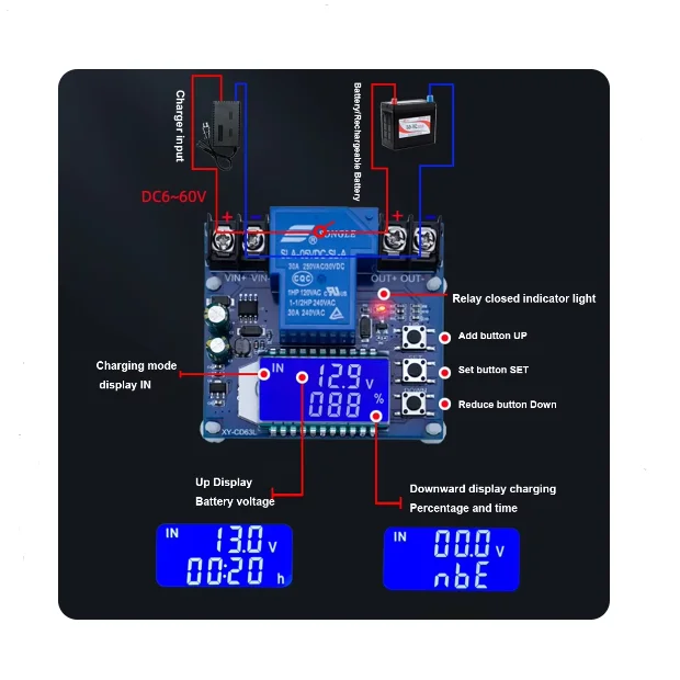 XY-CD63L digital display 6V-60V 30A battery battery charging control module full power off DC voltage protector