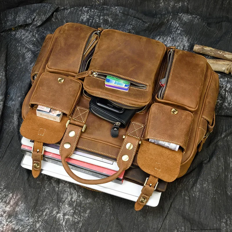 Luufan Männer Vintage verrückte Pferd Leder Aktentasche 15.6 "Echt leder Business-Tasche Rindsleder Laptop Umhängetasche große Arbeits tasche