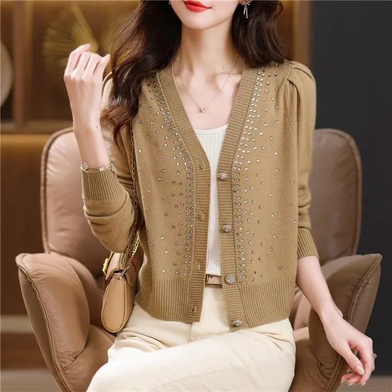 Spring Autumn 2025 Women's New Solid Color V Neck Button Rhinestone Knit Cardigan Exquisite European Youthful Elegant Trendy