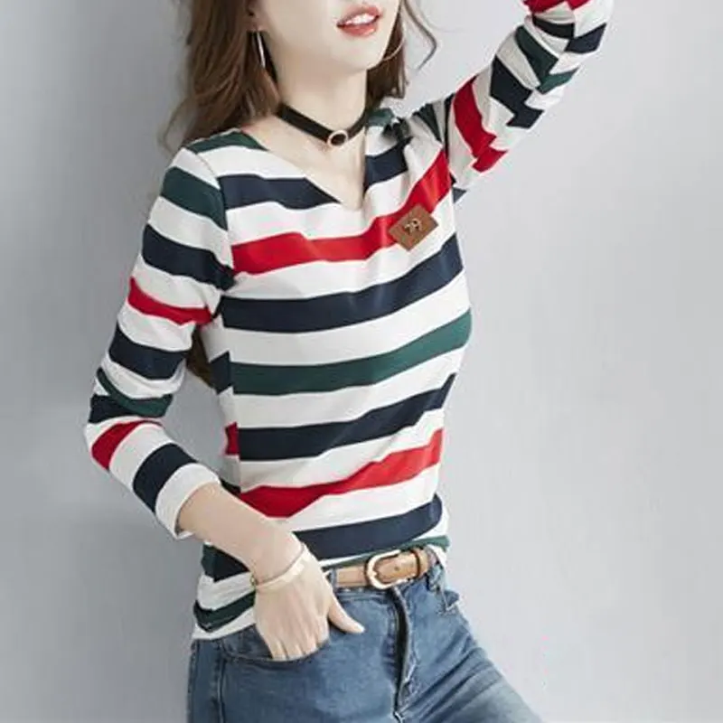 Basic Contrasting Colors Striped Pullovers Spring Autumn Long Sleeve Women's Clothing Fashion Patch Designs O-Neck Slim T-shirt