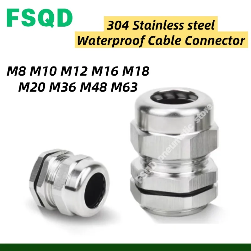 1pc 304 Stainless Steel IP68 Waterproof Cable Gland Connector M8 M10 M12 M16 M18 M20 M22 M30 M36 M48 M63 Fit 3mm-84mm Wire Cable