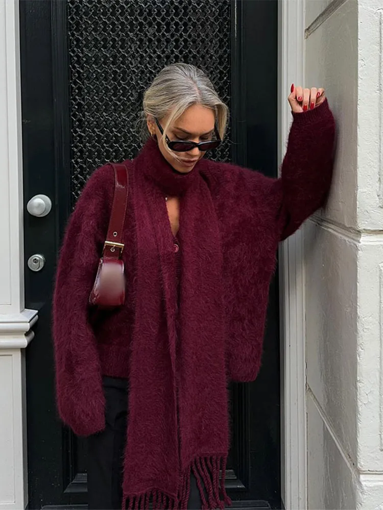 ﻿ Elegant Burgundy Scarf Collar Mohair Knit Cardigan Women Chic Single Breasted Long Sleeve Sweater Ladies 2024 Casual Knitwear