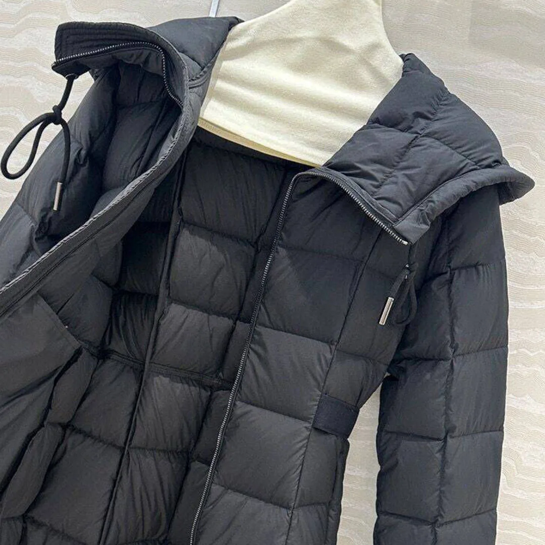 2024 New Fashion Winter Warm 90% White Goose Down Long Coat Women Hooded Long Sleeve Solid Plaid Quilting Slim Belt Thick Jacket