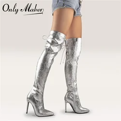 Onlymaker Women Pointed Toe Metallic Silver Over the Knee Boots Thin High Heel  Slim Heel  Side Zip Glitter Fashion Long Boots