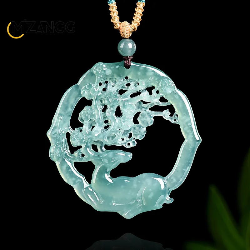 

Natural Blue Water Jadeite Sika Deer Seeking Plum Blossoms in The Snow Pendant Ethnic Style Couple Necklace for Men and Women