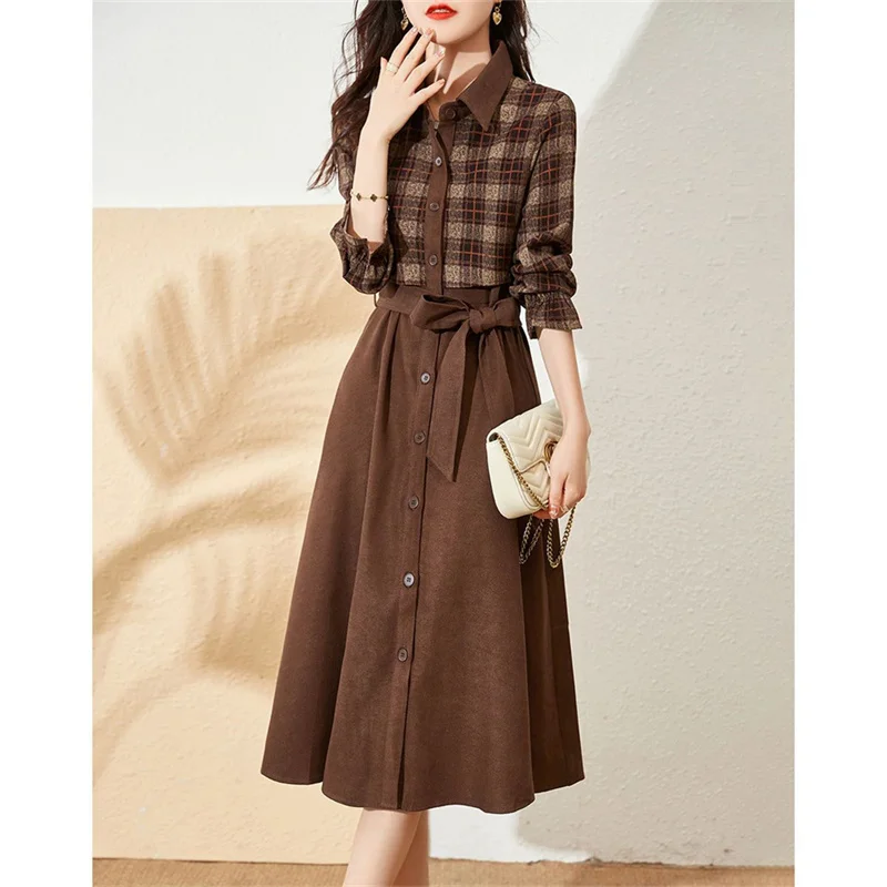 

French Niche Trench Coat Dress Female 2022 Early Autumn New Style All-Match POLO Collar Mid-Length Stitching Popular Skirt Women