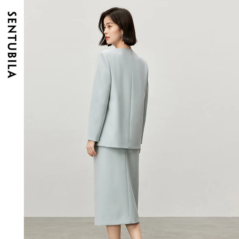 SENTUBILA Texture Twill Skirt Suits Women 2024 Fall Embroidery V Neck Coat Straight Slit-hem Skirt Office Lady Clothes 143Z56686