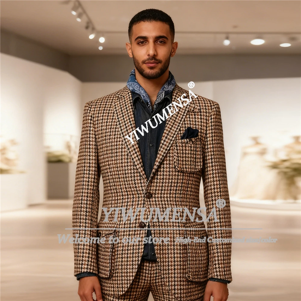 

Houndstooth Tweed Plaid Suits Men Classic Smart Casual Blazer Slim Fit Groom Tuxedos Customized 2 Pieces Hunting Coat Pants 2 PC