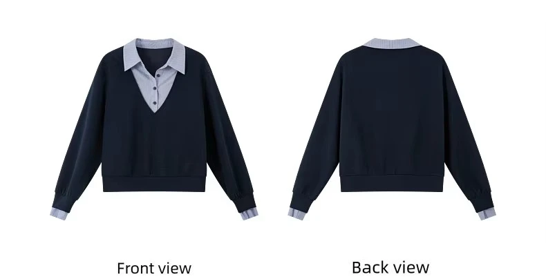 VIMLY Fake Two-piece Striped Collar Sweatshirt for Women 2026 Autumn Coffee Color Commute Casual Loose-fit Female Pullover A7577