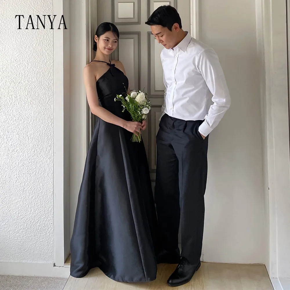 Vestido de novia de satén elegante para mujer, cuello Halter sin mangas, línea A, longitud hasta el suelo, sesión de fotos de boda coreana, vestido de novia Simple