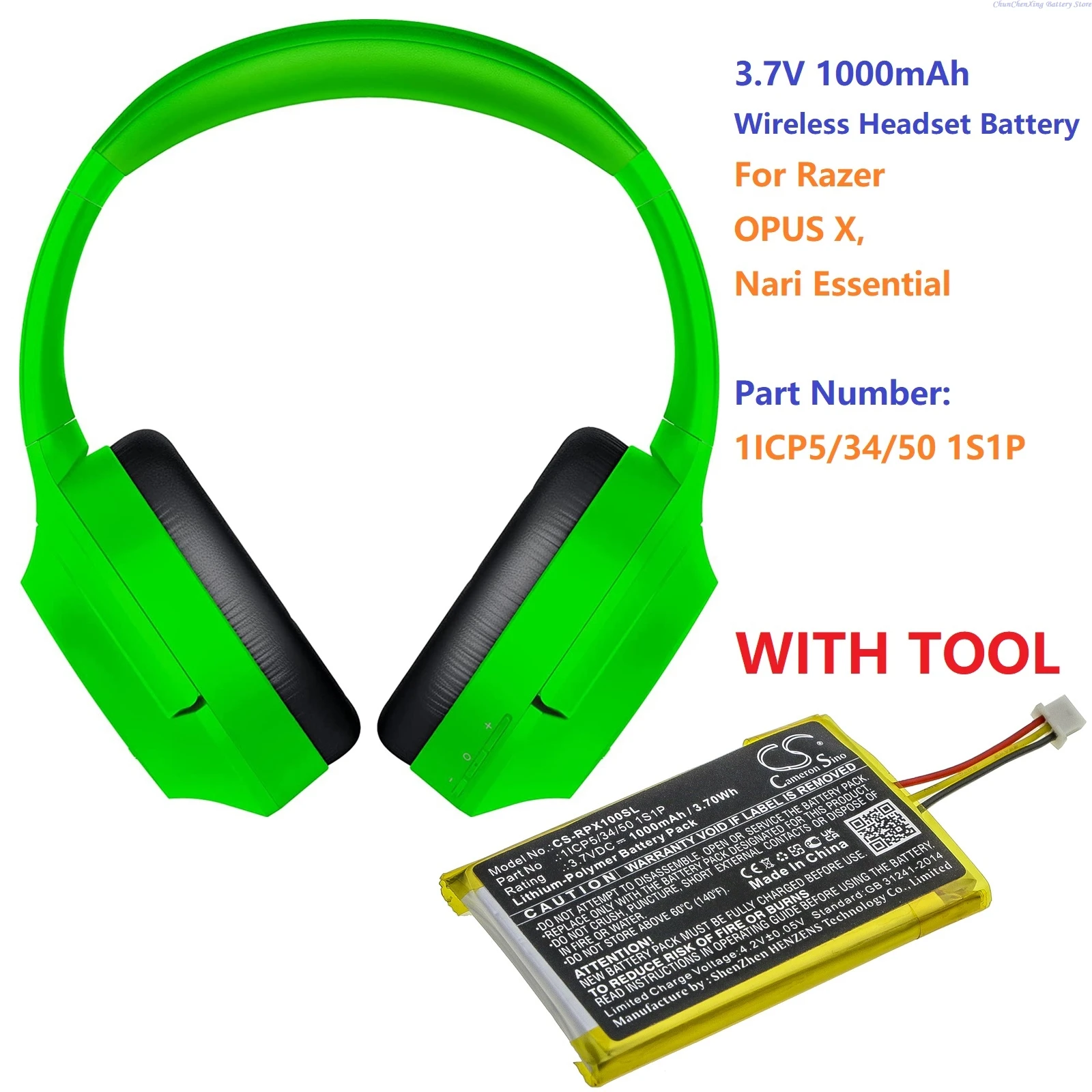 

Cameron Sino 3.7V 1000mAh Wireless Headset battery 1ICP5/34/50 1S1P for Razer OPUS X, Nari Essential +TOOL