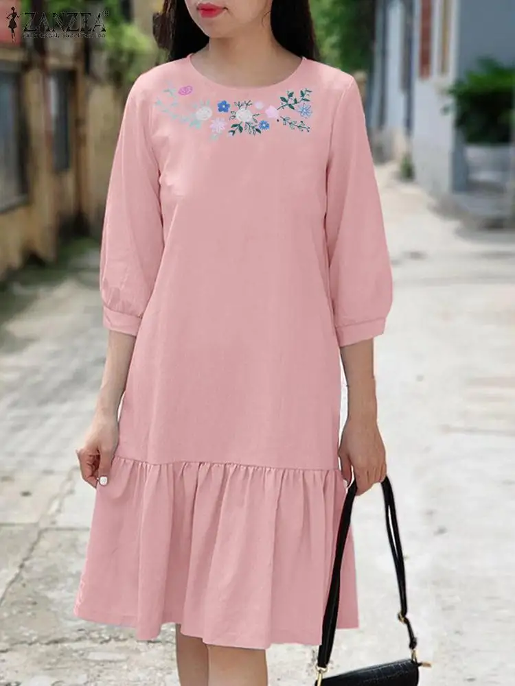 

ZANZEA 2024 Summer Holiday Pleated Short Robe Women Loose Embroidery Dress Vinatge 3/4 Sleeve Vestido Round Neck Belted Sundress