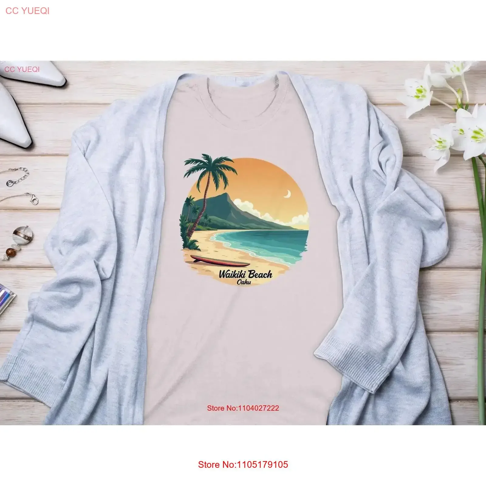 تي شيرت Waikiki Beach Oahu غروب الشمس تصفح تي شيرت جزيرة هاواي الفن ألوها الصيف المشاعر عطلة ساحلية عتيقة مغسولة قليلاً #1