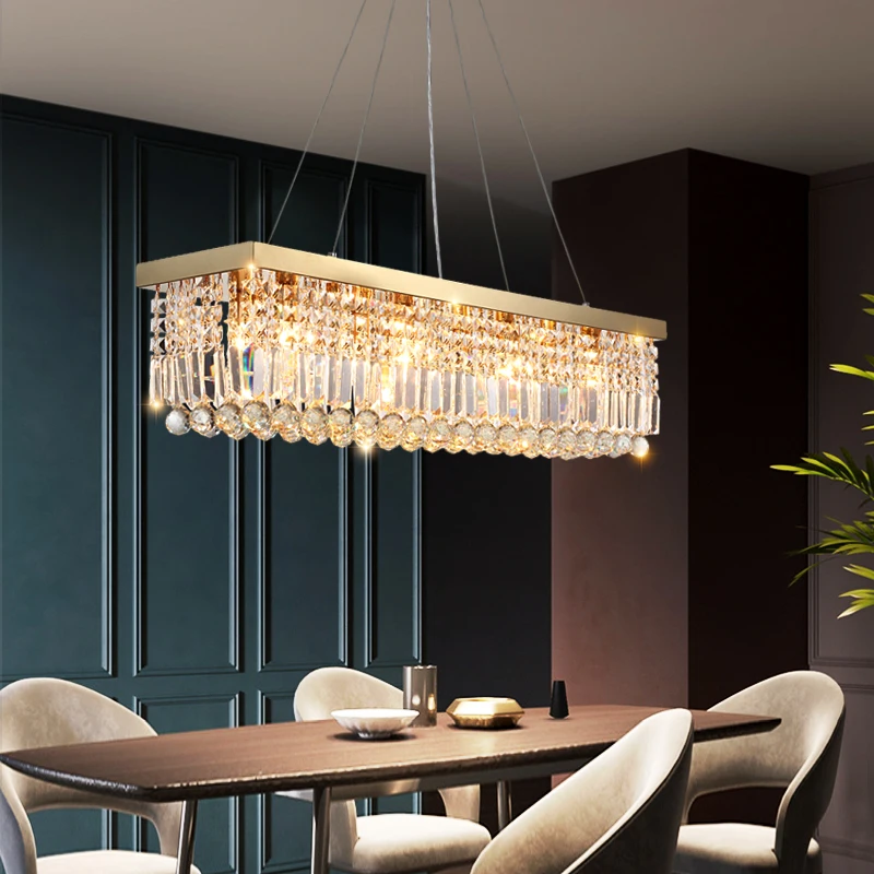 

Rectangle modern crystal chandelier for dining room luxury island led cristal lamp large gold hanging dimmable lighting fixture