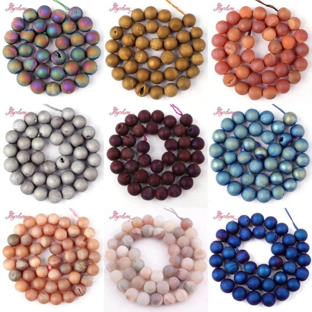 Natural Metallic Coated Druzy Agates Round Stone Beads For DIY Necklace Bracelet Earring Jewelry Making Strand 15