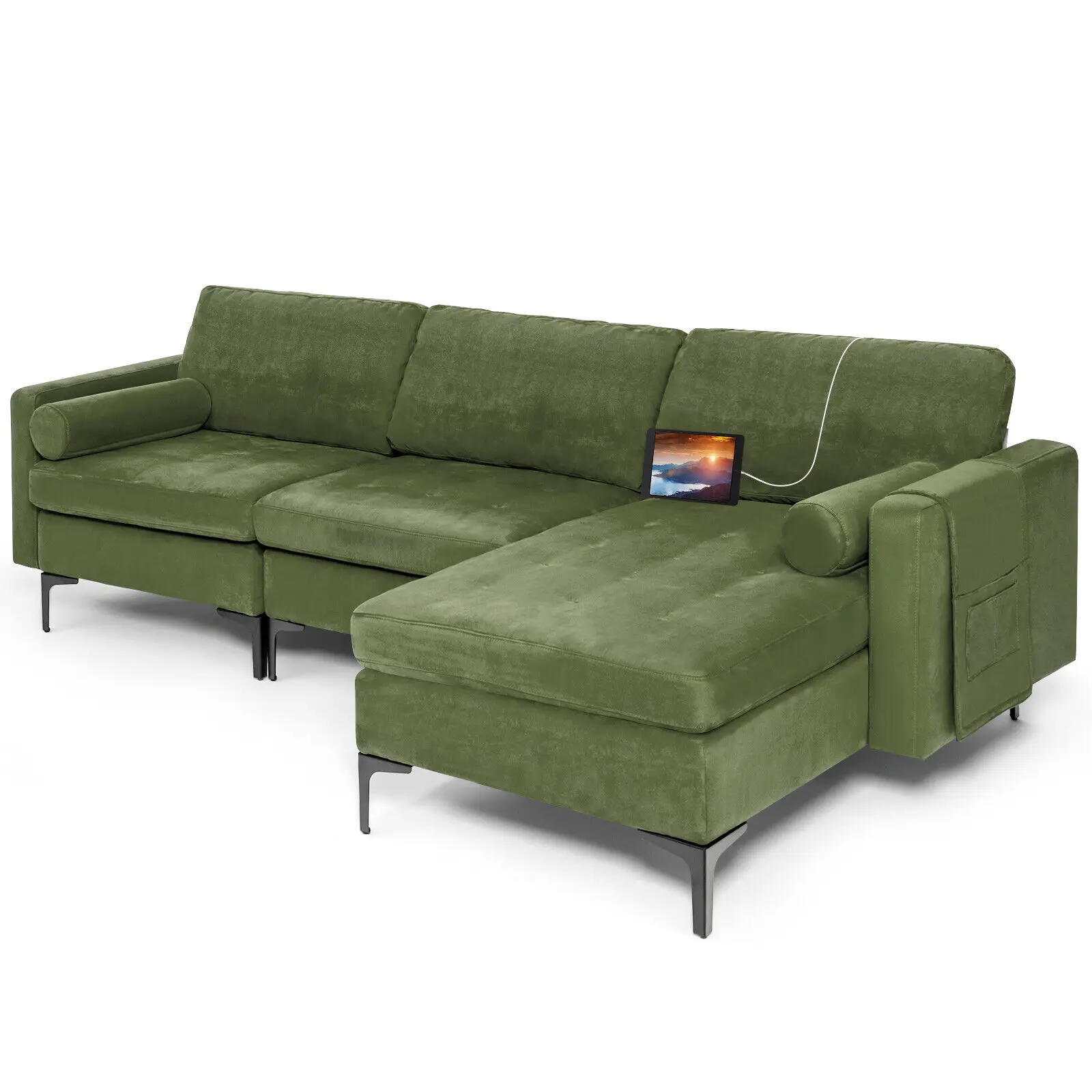 Costway Modular L-shaped Sectional Sofa w/ Reversible Chaise & 2 USB Ports Army Green