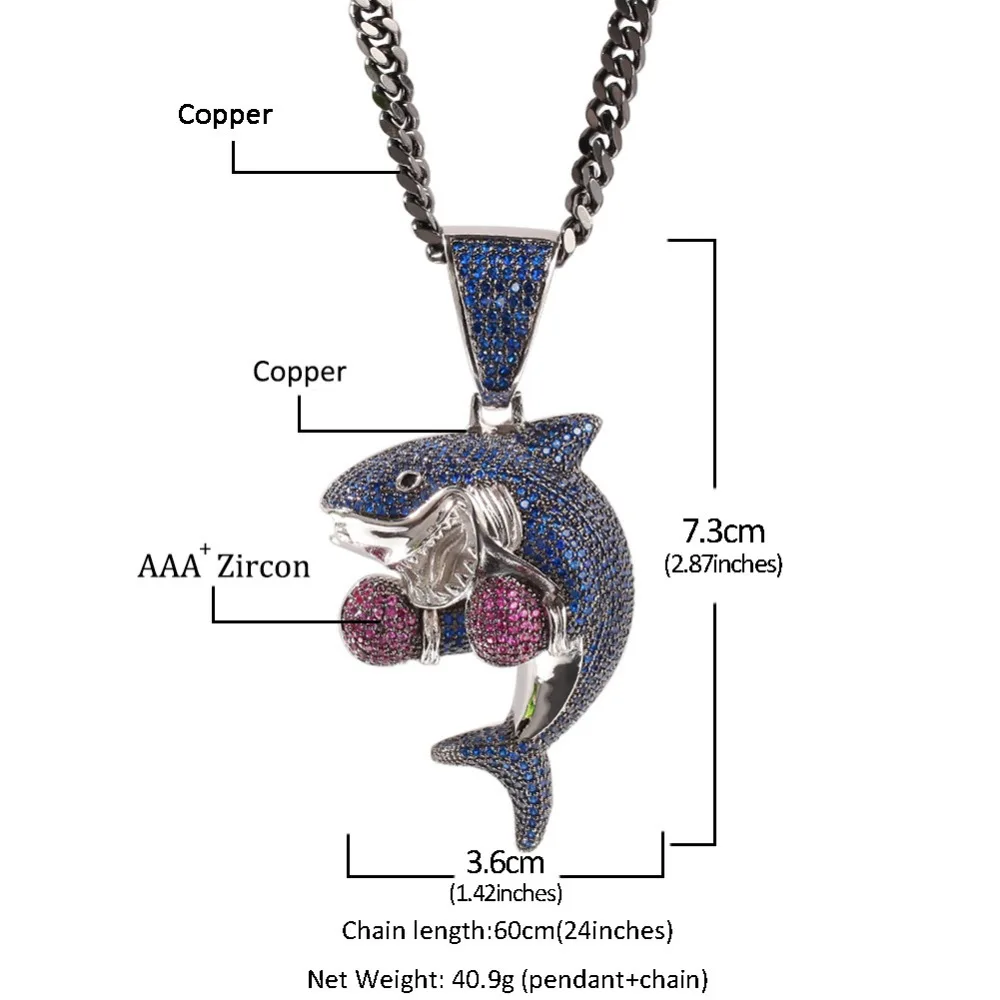 Hip Hop AAA Blue CZ Stone Paved Bling Ice Out Boxing Shark Pendants Necklace for Men Rapper Jewelry Gold Color Drop Shipping