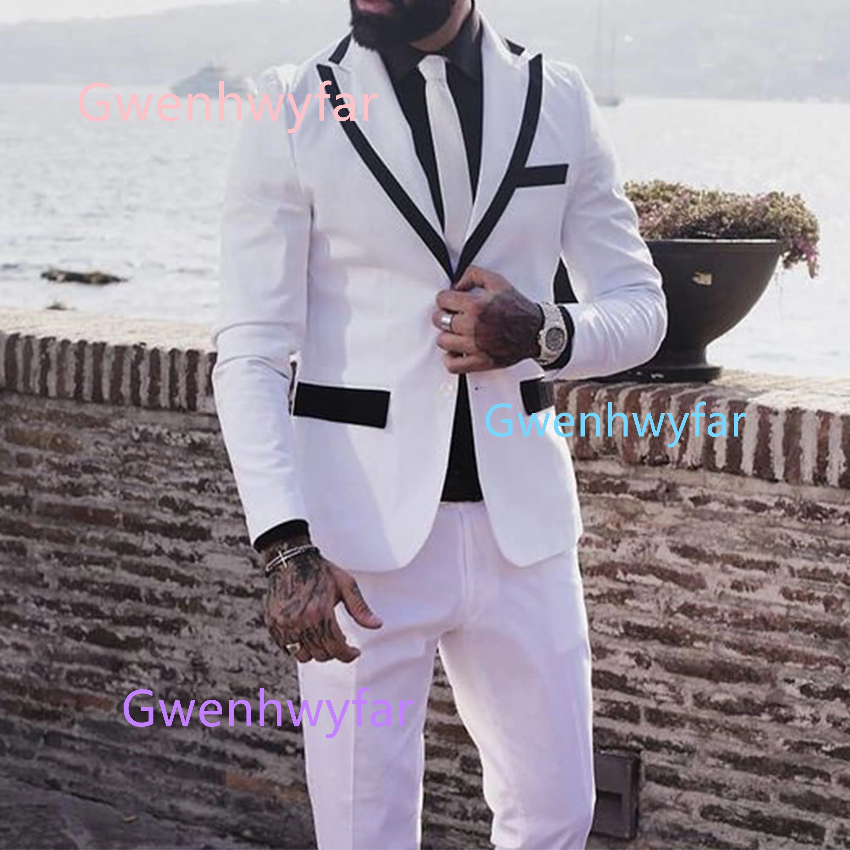 G&N 2025 Men's White Single-Breasted 2-Piece Suit Elegant Casual Office Business Peak Lapel with Two Flap Pockets Party Suits