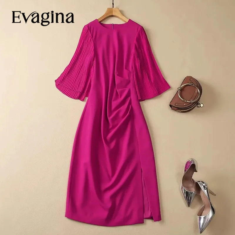 

Evagina Fashion Runway Designer Women's Round Neck Pleated Flare Sleeve High-Waisted Simple Office Lady Split Hip Wrap Dress