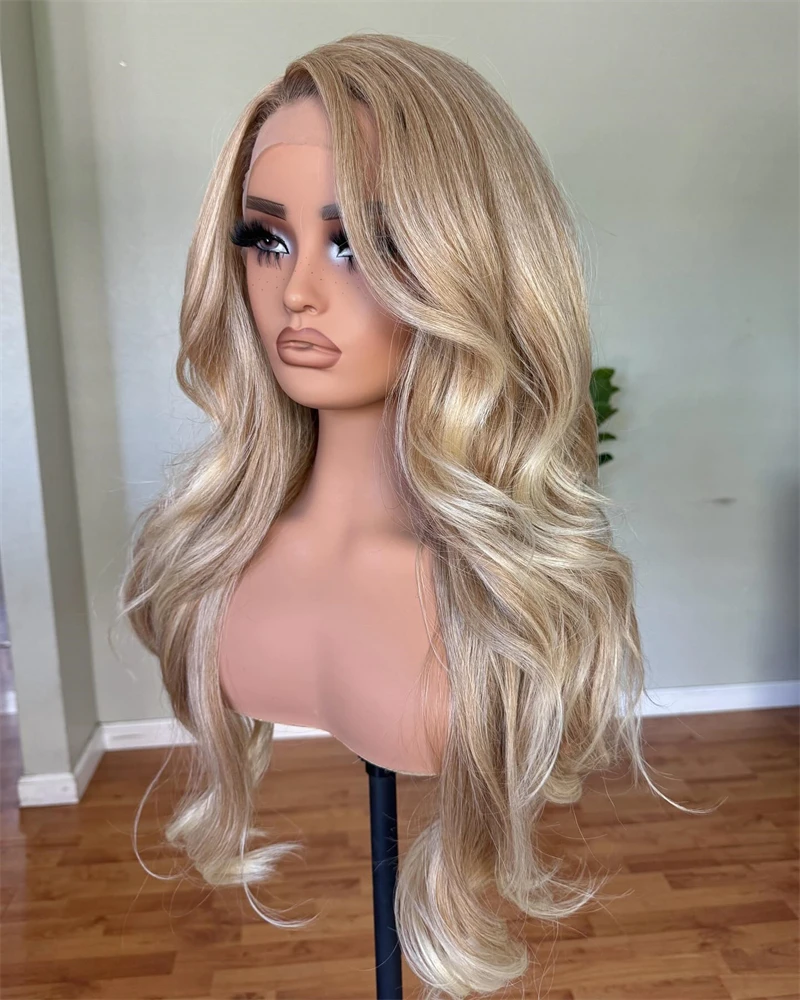 Honig blond mit warmen braunen Highlights farbige Spitze Frontal Perücke natürliche lose Welle synthetische Haar Perücke Frauen Halloween Kostüm