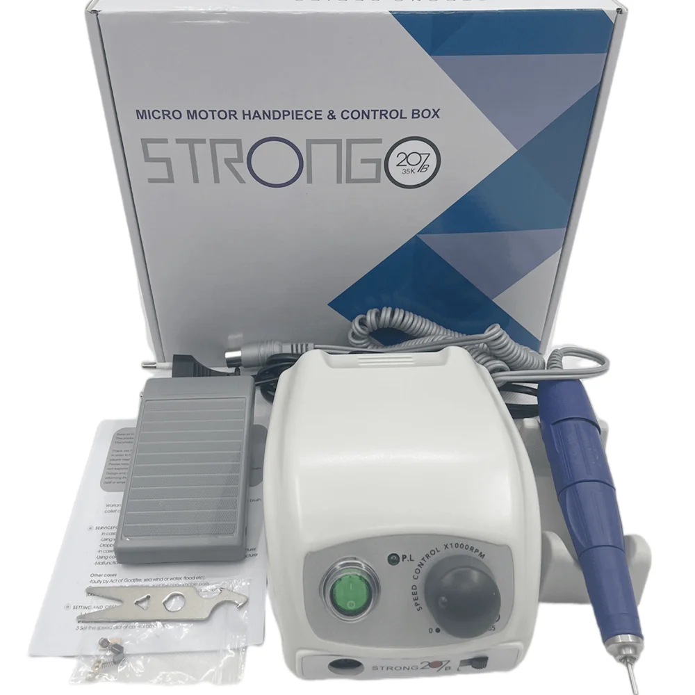 STRONG 207B-caja de Control de manicura, taladro eléctrico con mango azul, 35000RPM, 102L, 65W