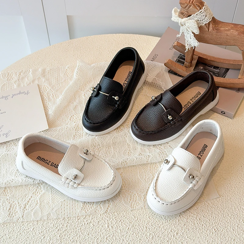 2026 Kids Classic Leather Loafers with Metal Button, Soft Non-slip White Sole, Slip-on Design for Boys School Daily Wear 21-33
