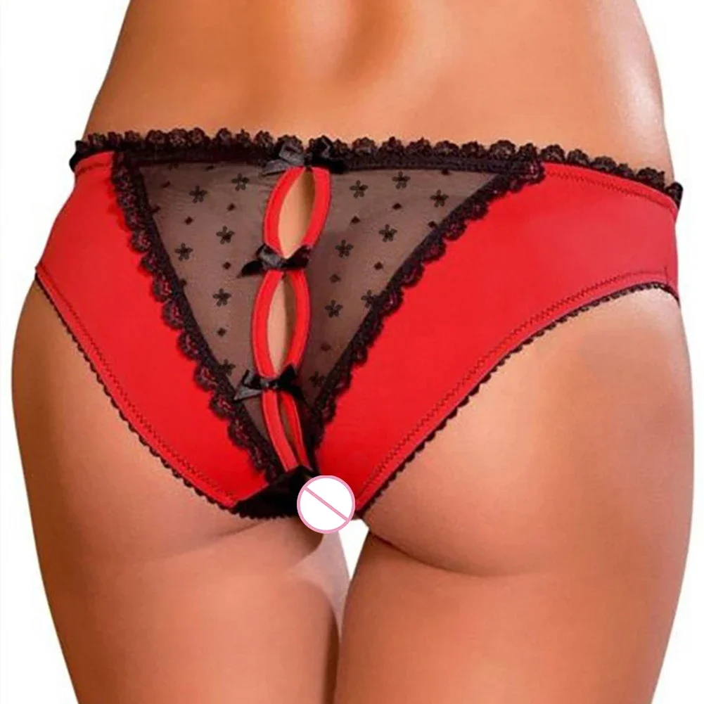 Womens Low Waist See Through Briefs Lace Open Crotch Underwear Female Bowknot Hollow Panties Crotchless Exotic Underpants