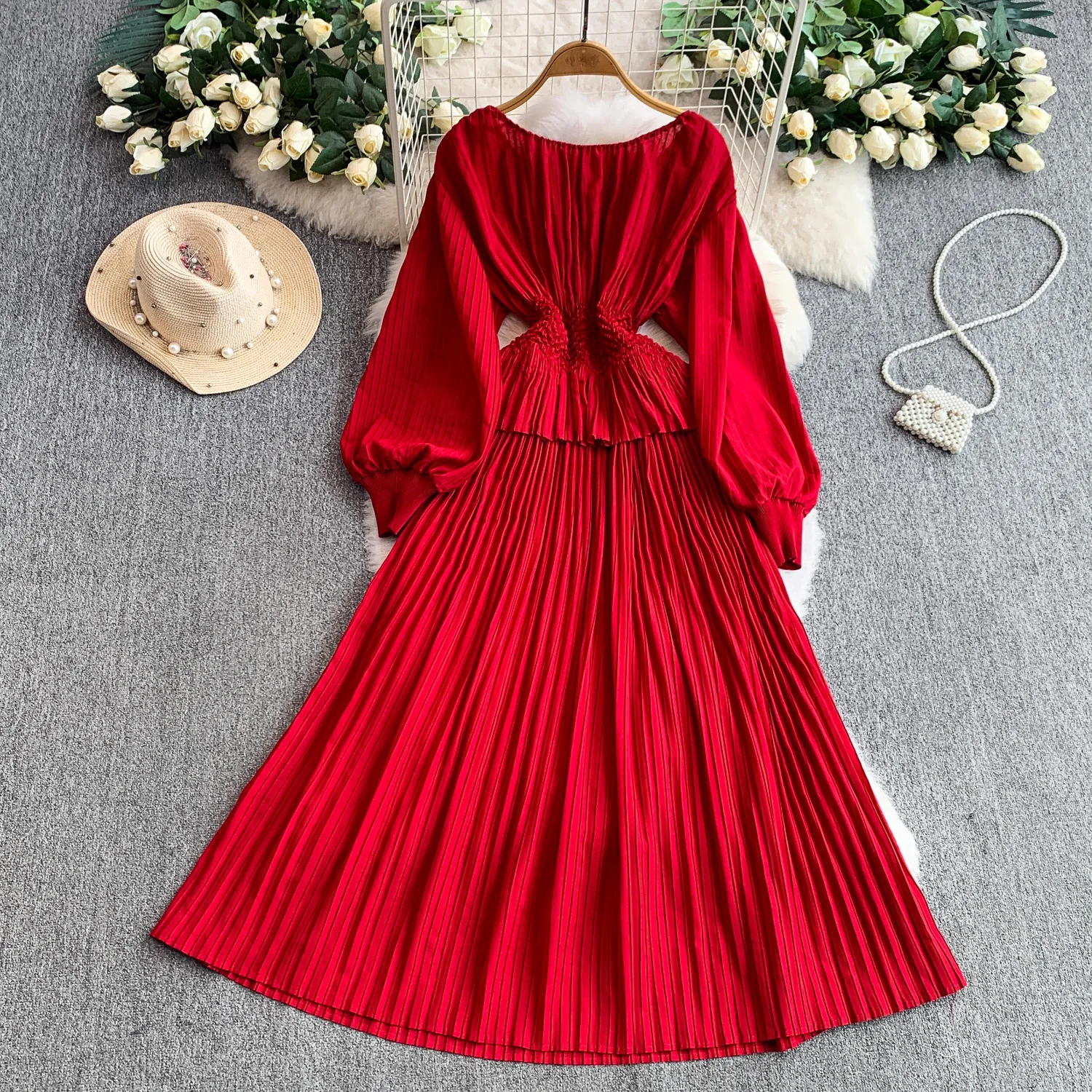 ชุดเดรสวินเทจประดับลูกปัด จับจีบ ดีไซน์หรูหรา สไตล์แฟรี่ แฟชั่นเกาหลี ชุดเดรสลำลองสำหรับฤดูใบไม้ร่วง เสื้อผ้าผู้หญิง