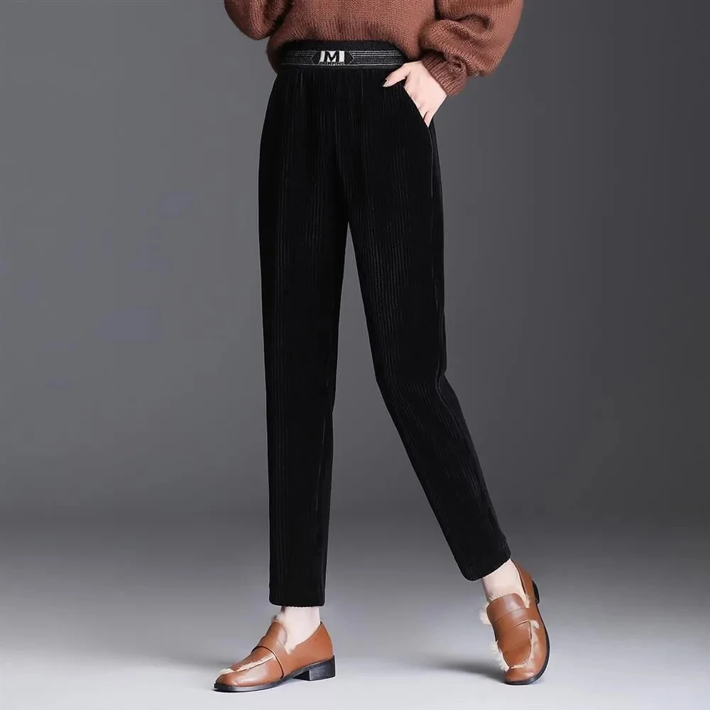 Autumn Winter Middle Aged Women Corduroy Pants Elastic High Waist Casual Straight Ankle-length Pants Thick Baggy Mother Trousers