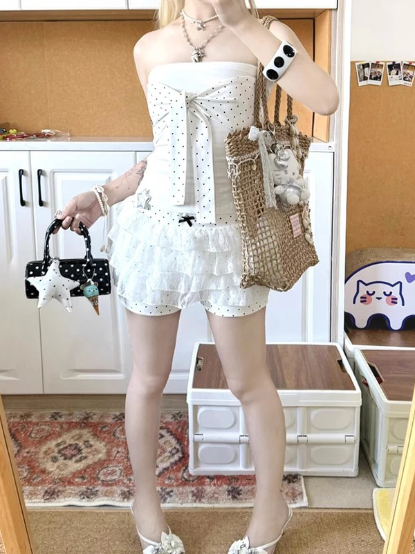 

Sweet And Spicy Girl Pure Desire Summer Outfit Women's White Polka Dot Tie Bustier Top Low Waist Slimming Half Skirt Two Piec...