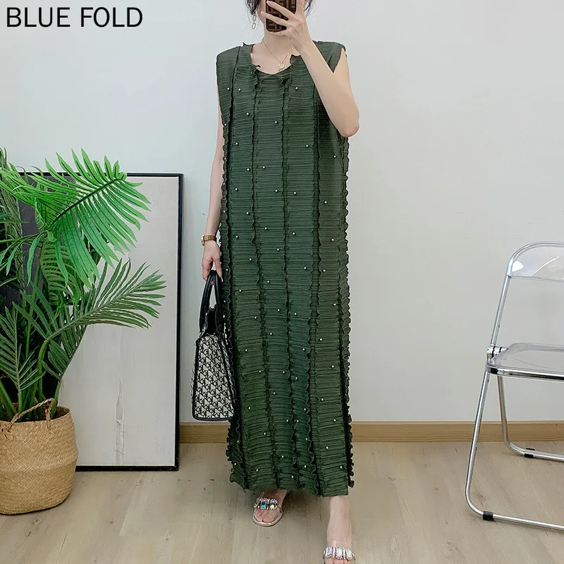 

MIYAKE Pleated Nail Bead Long Dress Summer New Sleeveless Loose Pleats Dresses Elegant Robe Femme Vetement Ropa Mujer Korean