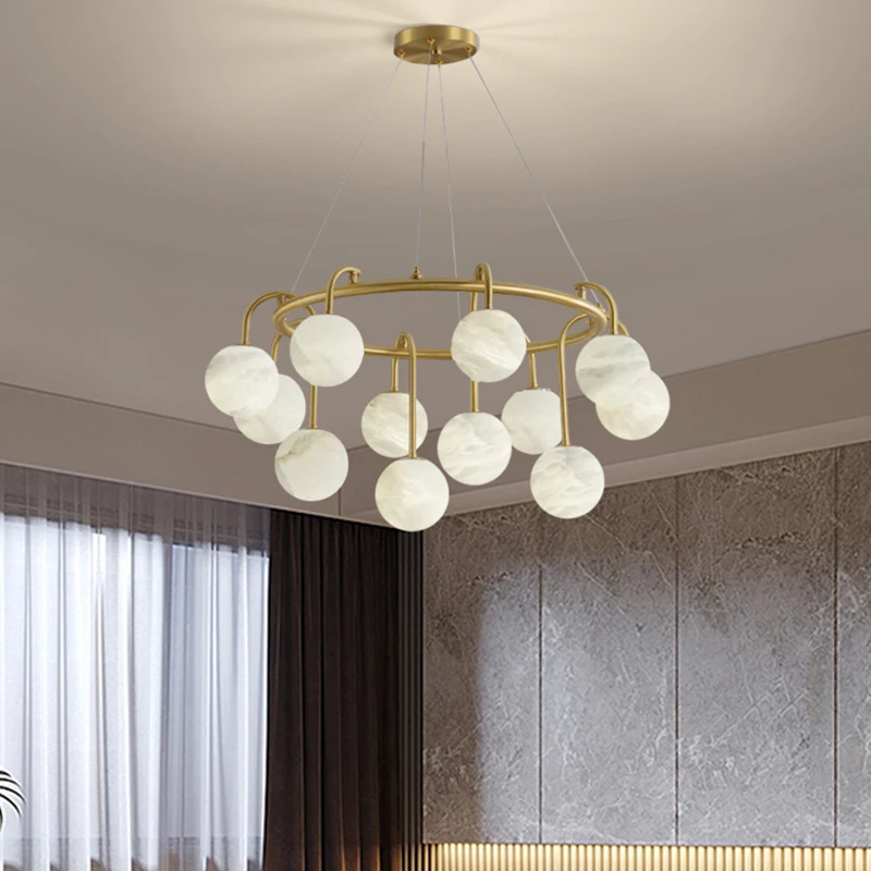 

REVEN Luxury Magic Bean Marble Shade Circular Chandelier Gold Pendant Light Dimmable Ceiling Lamp for Villa Hotel Interior Decor