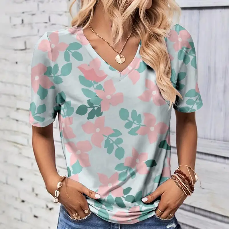 Modne letnie koszulki z nadrukiem 3D w kształcie liści Damskie koszulki z krótkim rękawem z dekoltem w szpic Y2K Casual Tees Harajuku Tops Odzież damska