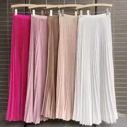 2024 Women Elegant Pleated Skirt High Waist Women Long Skirt Female Ladies High Quality Women Midi Skirt Black Saia