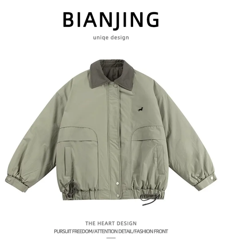 

High Street American Style Collar Cotton Jacket Men's Winter Retro Coat Loose and Thick Warm Casual Top Male Clothing