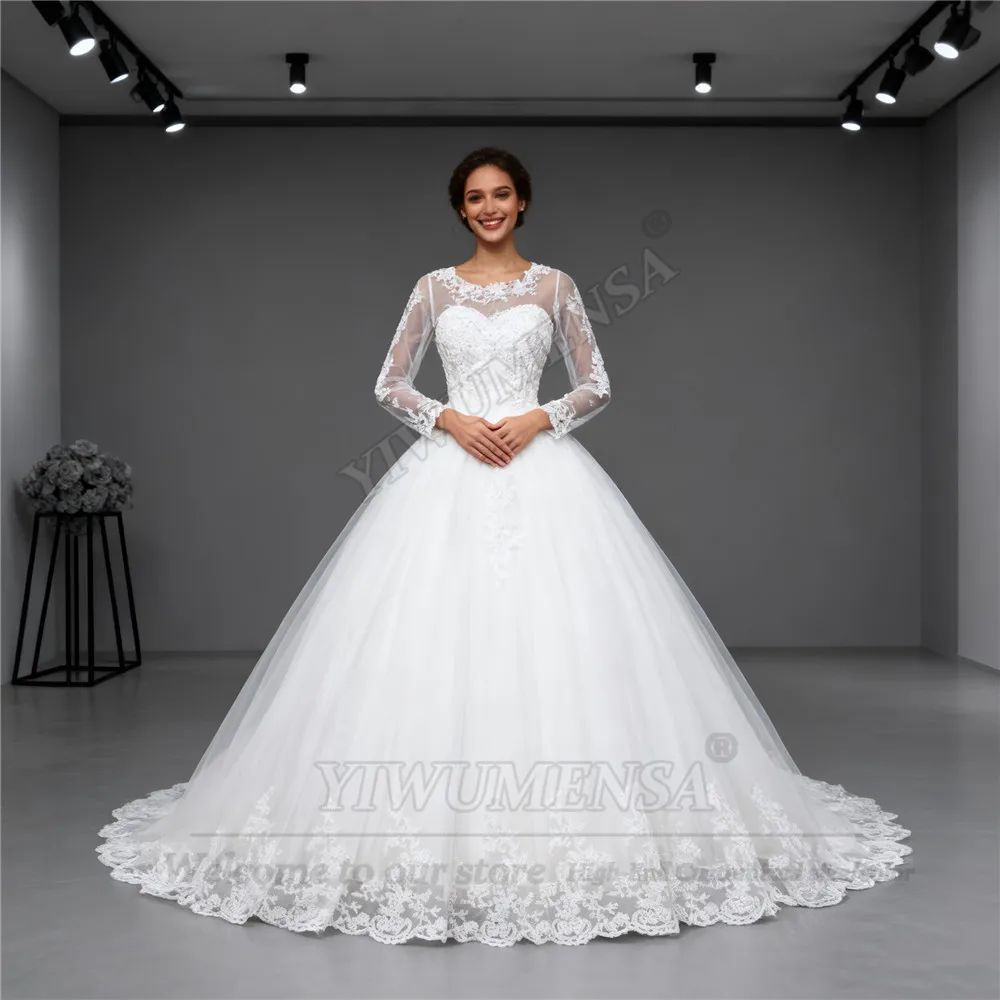 Luxury Lace Appliques Wedding Dresses O Neck Long Sleeves Bridal Gowns Customized Women Banquet Party Attire Bride Marry Clothes