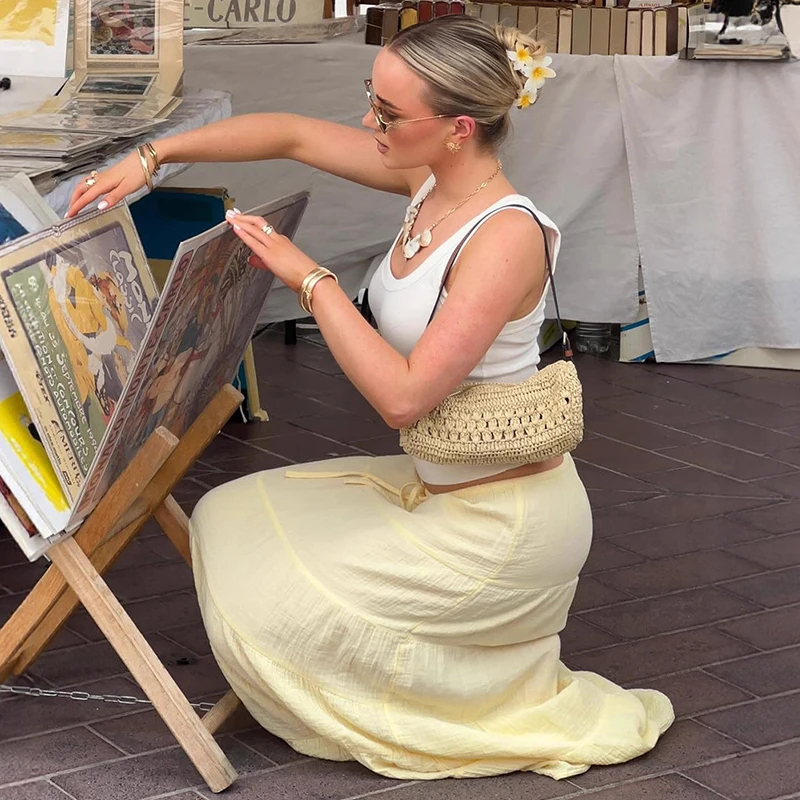 Tornova التنانير الصفراء غير رسمية للنساء عالية الخصر موضة فضفاضة كعكة تنورة مع خط فتاة ساخنة نادي حفلة تنورة طويلة 2026 جديد