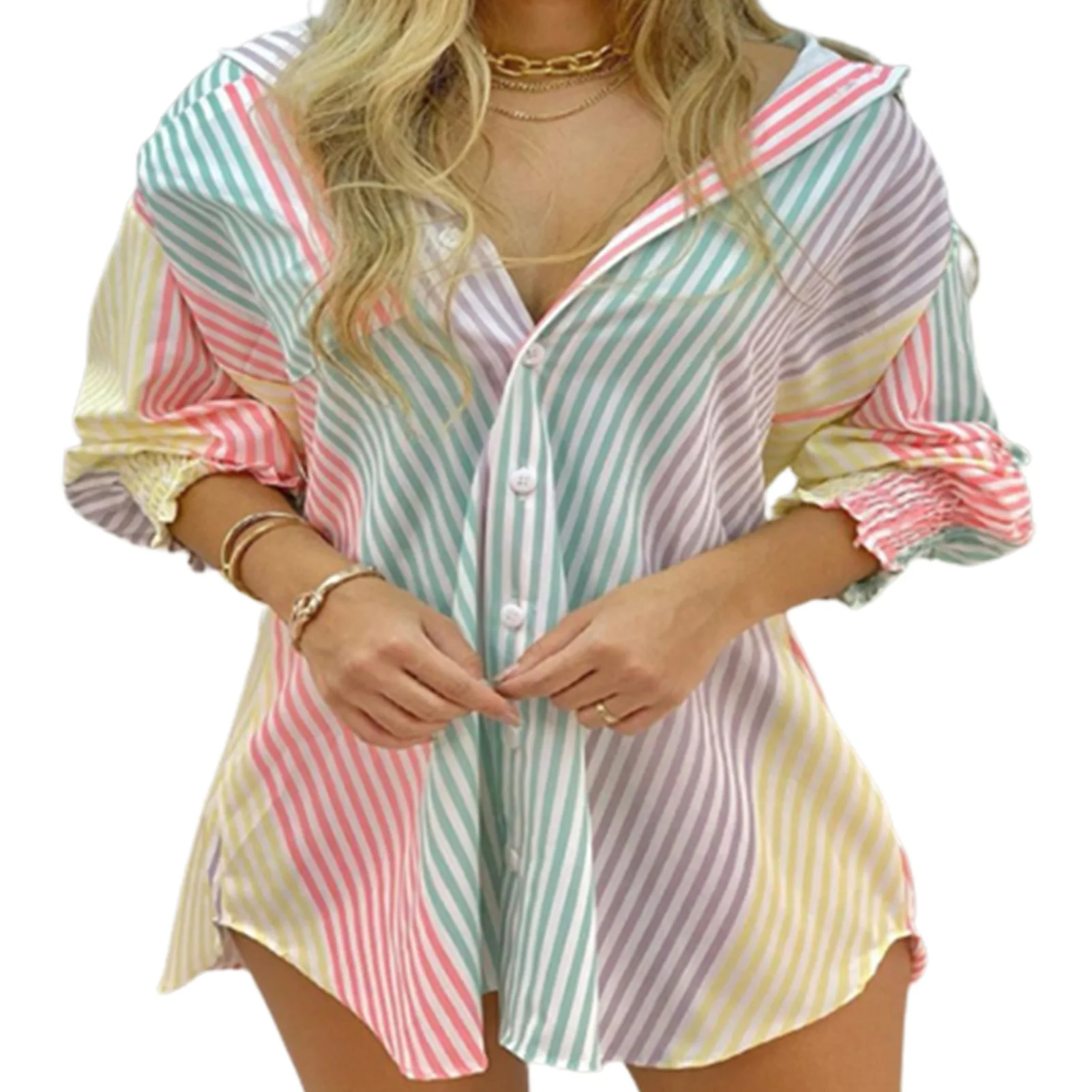 Women's Button Down Tops Tighten Sleeve Design V Neck Stripe Blouse for Outdoor Traveling Clothes