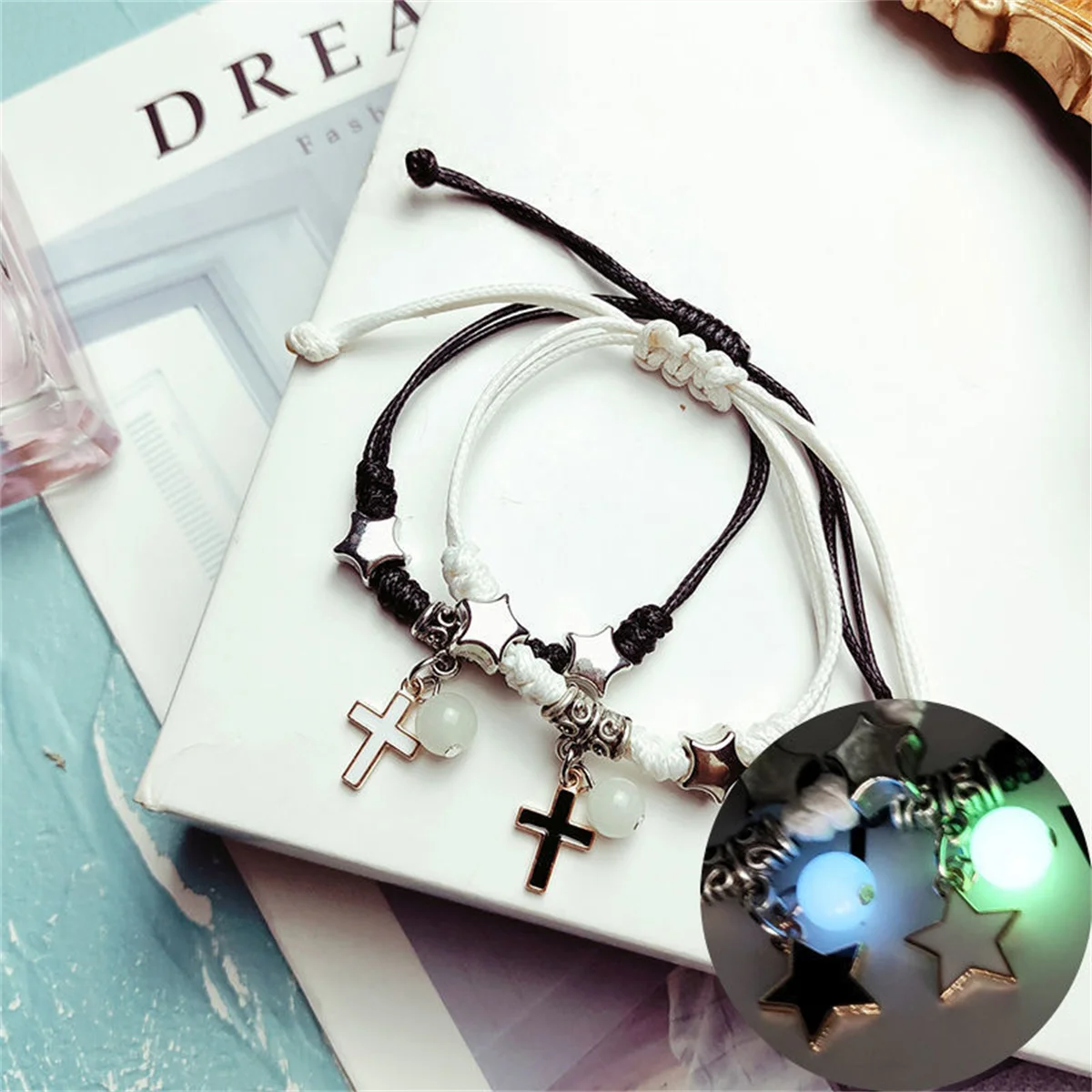 Mode Leuchtende Perlen Stern Paar Armband Für Frauen Männer Charme Katze Blume Herz Key Lock Kreuz Passenden Freund Armband Schmuck – Detail 9