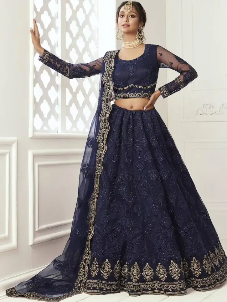 Navy Blue Lehenga Choli Prom Dresses with Long Sleeve 2023 Wrap Caftan Embroidery Indian Princess Evening Occasion Gown