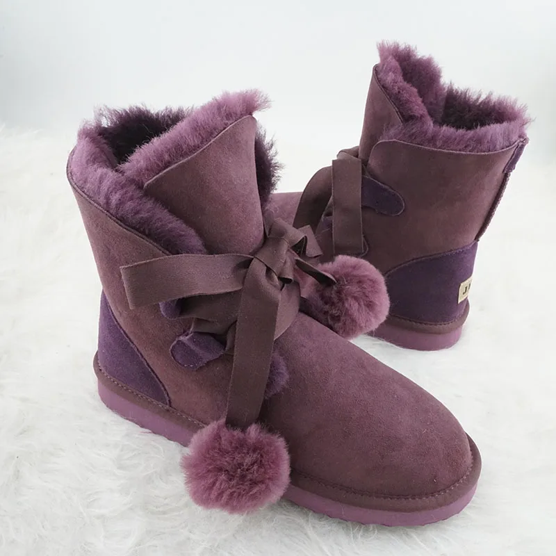 Fashion Genuine Sheepskin Natural Fur Snow Boots Shoes Lace up 100% Wool Women Winter Snow Boots Keep Warm Boots Women Shoes