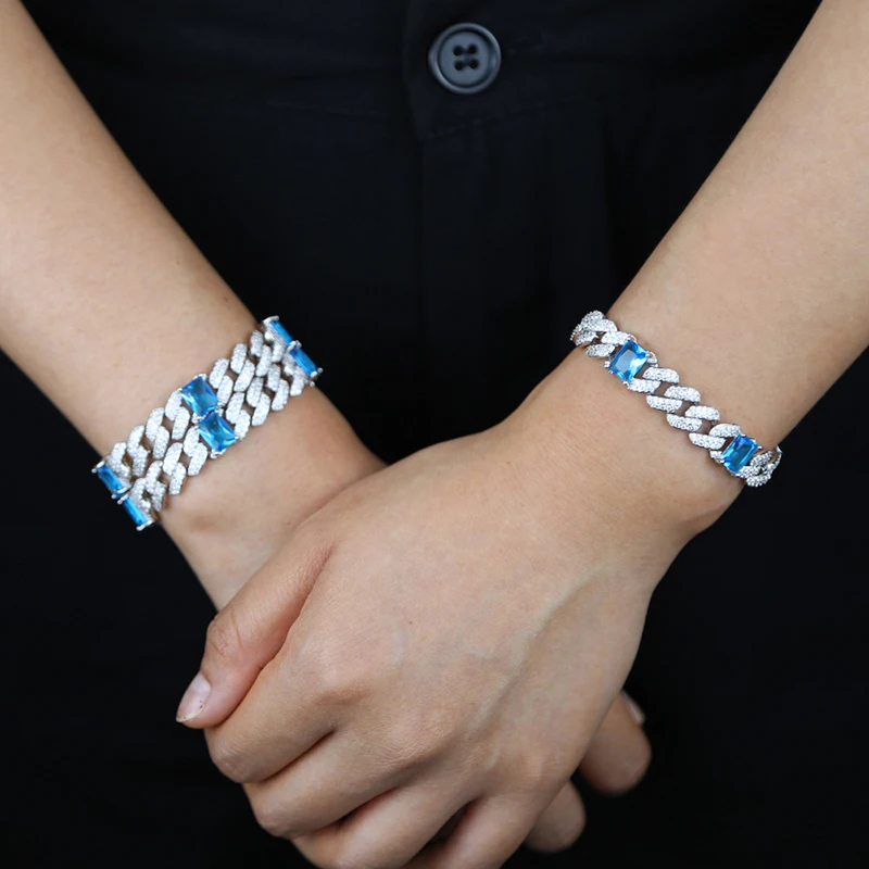 Hip Hop 5A+ CZ Stone Paved Bling Iced Out Blue Stone Cuban Link Chain Bracelets Bangle for Men Rapper Jewelry Silver Color