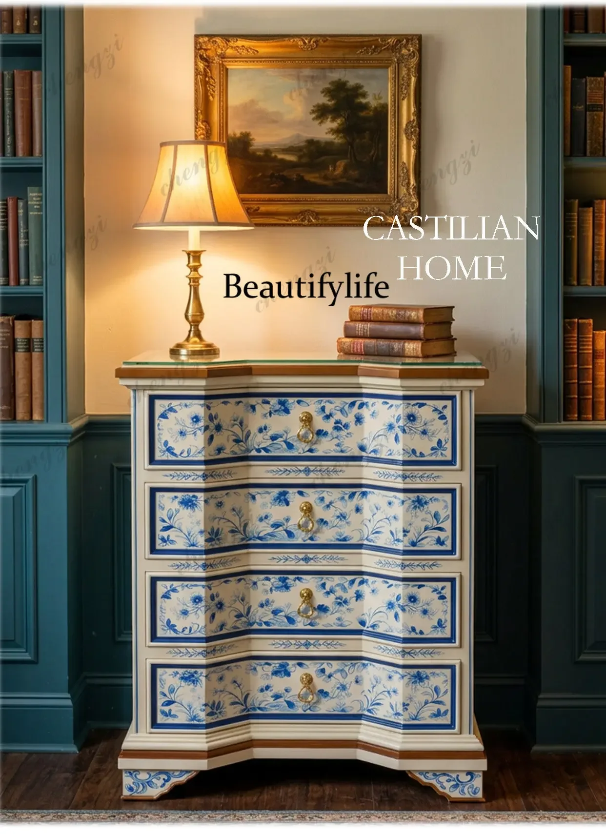 New Chinese blue and white solid wood chest French antique style living room bedroom light luxury high-end locker d178