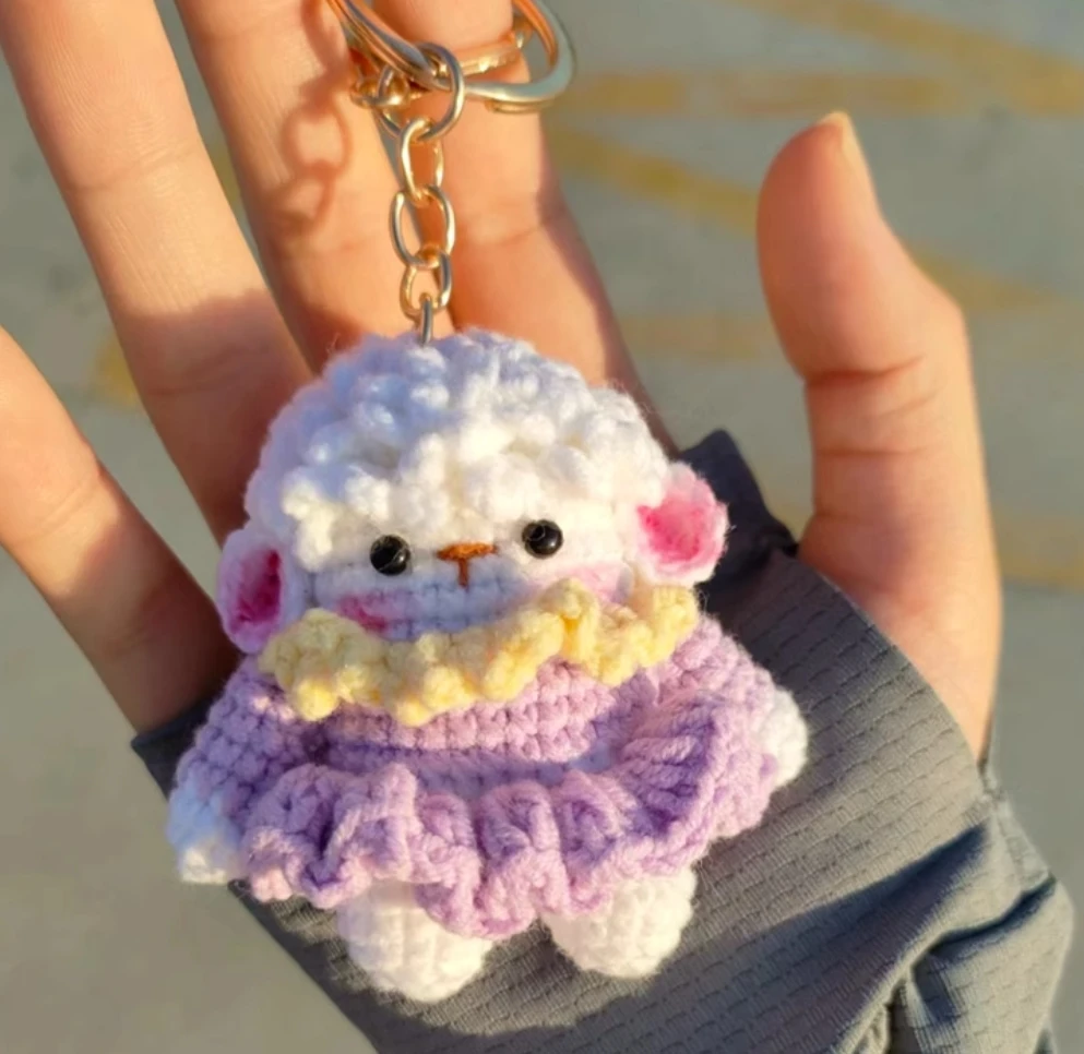 

diy knitted lamb pendant crochet handmade wool material bag pink skirt sheep doll keychain gift for women