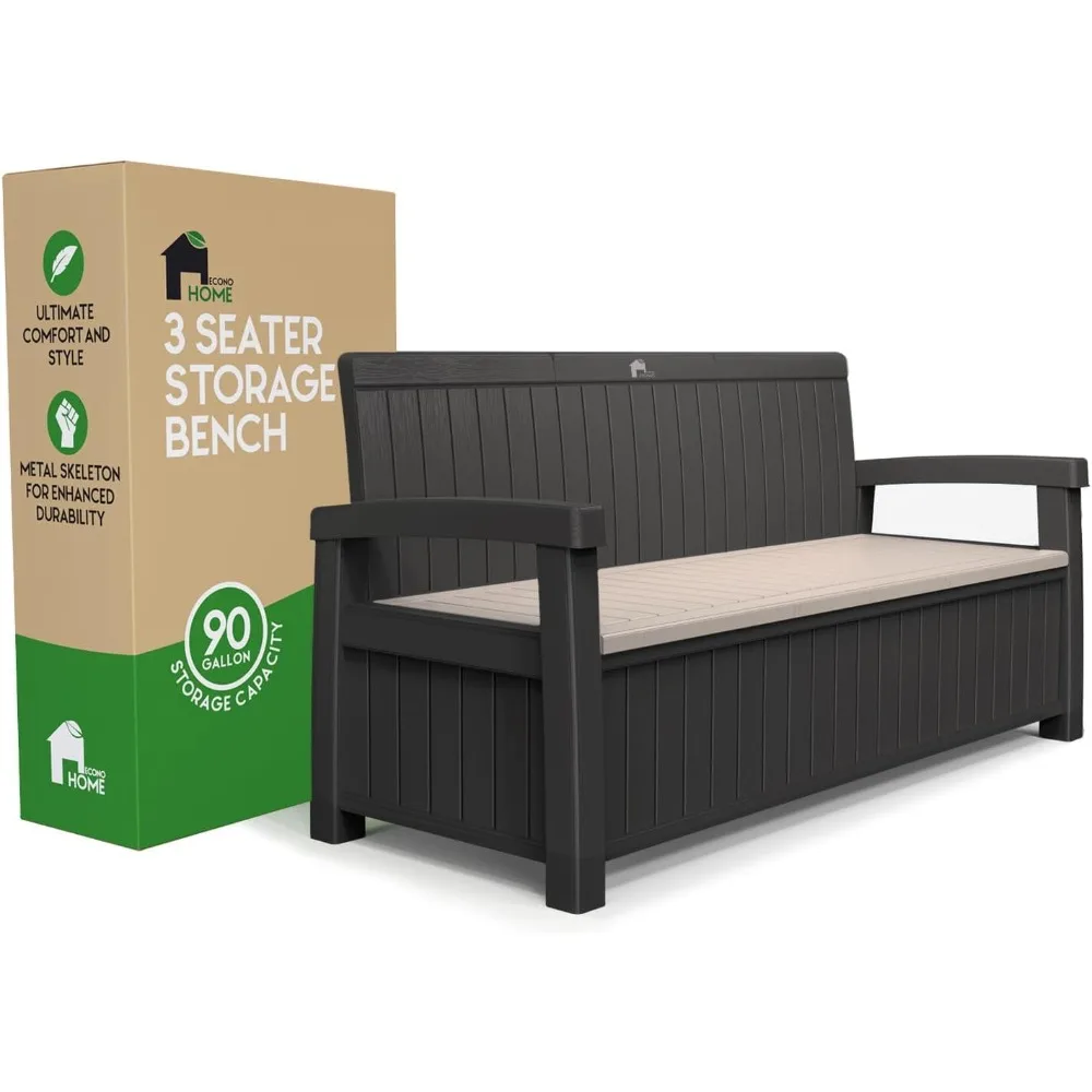 

Outdoor Storage Bench with 3 Seats and 90 Gallon Weather-Resistant Resin for Patio, Porch, Garden, Yard, and Pool Side