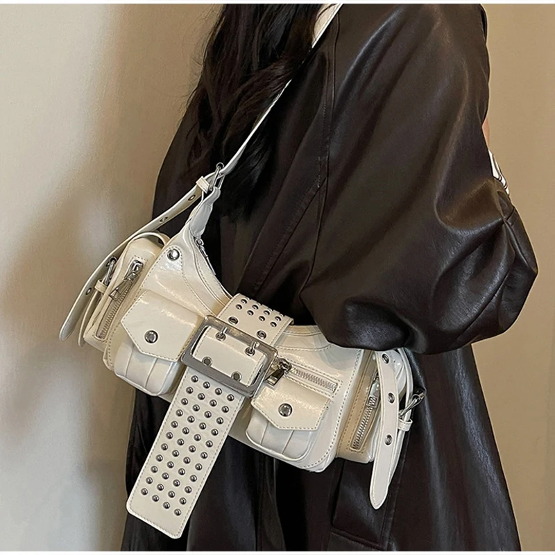 Mehrtaschen-Schultertasche mit Metallnieten, Damen-Punk-Unterarmtasche mit Nieten, Motorrad-Y2k-Mädchen-Umhängetasche mit Gürtelschnallendesign – Detail 9