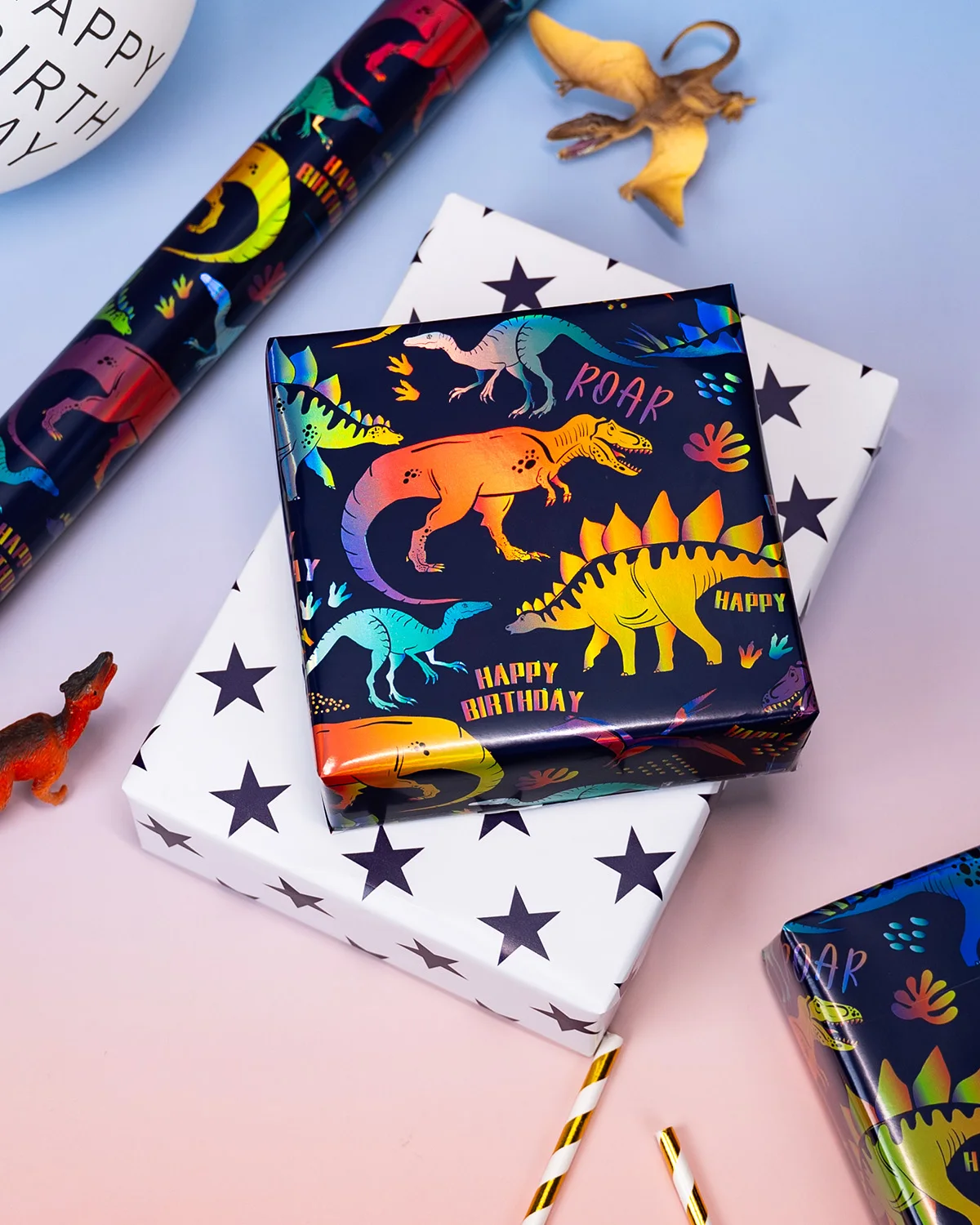 Dinosaur Birthday Wrapping Paper 43cm x 10m - Reversible Blue Stars Gift Wrap Paper Roll for Kids Boys,Baby Shower, Fathers Day view 5
